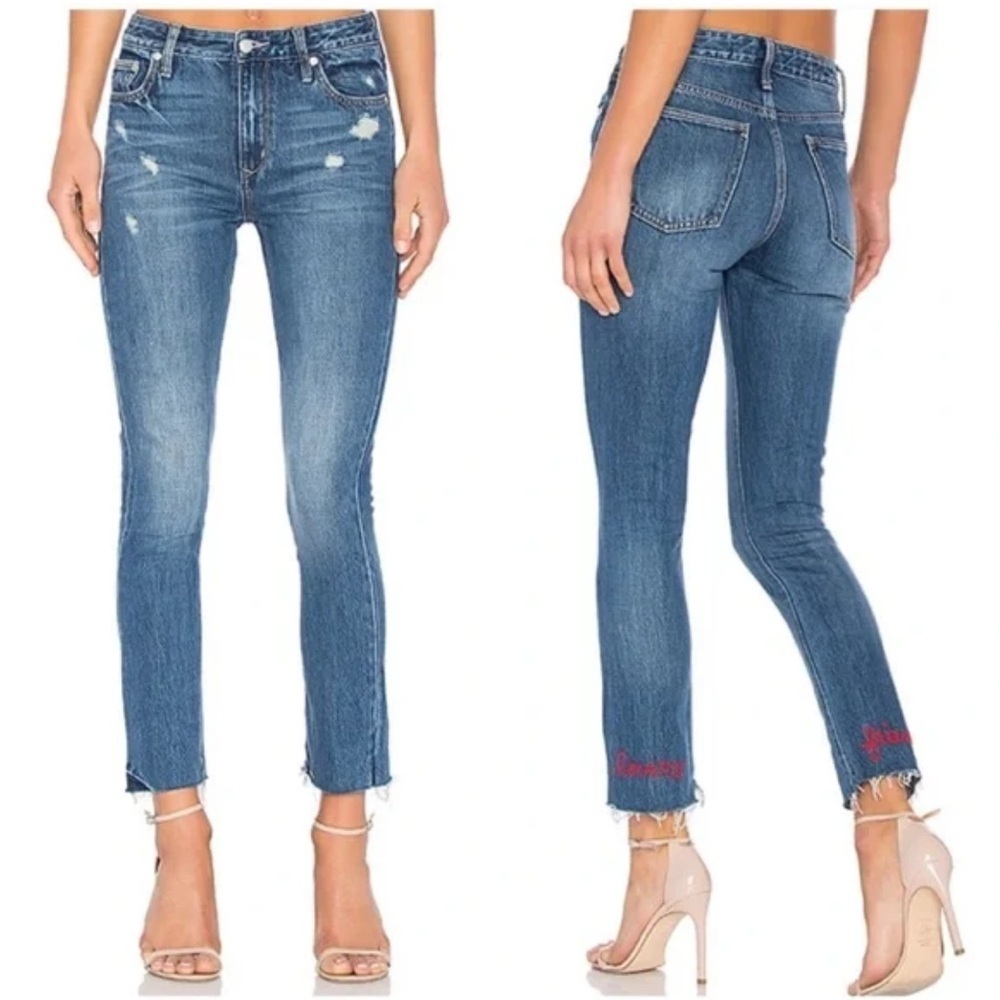 Lovers + Friends Logan Granada high rise embroidered distressed ankle Jeans
